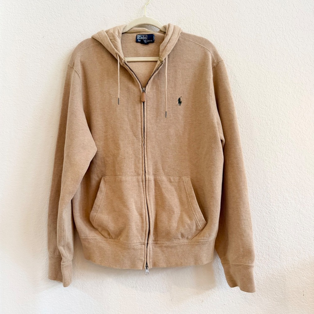 Polo Ralph Lauren Mens Full Zip Knit Hoodie Tan Cotton‎ Sweater Logo Large L